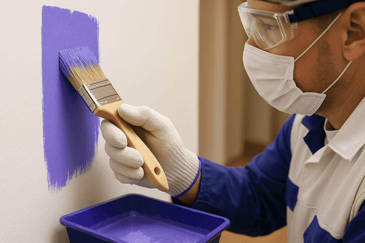 Close-up of painter’s gloved hands applying violet paint smoothly on interior wall