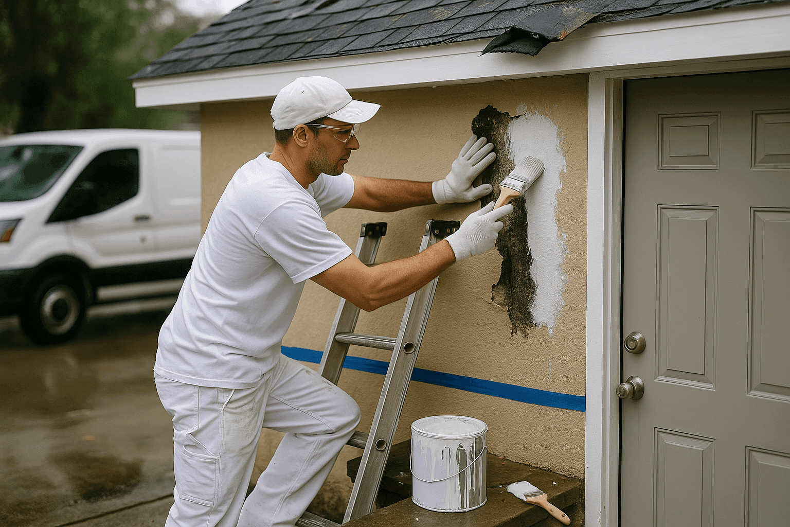Painter doing emergency exterior wall painting repair on residential property