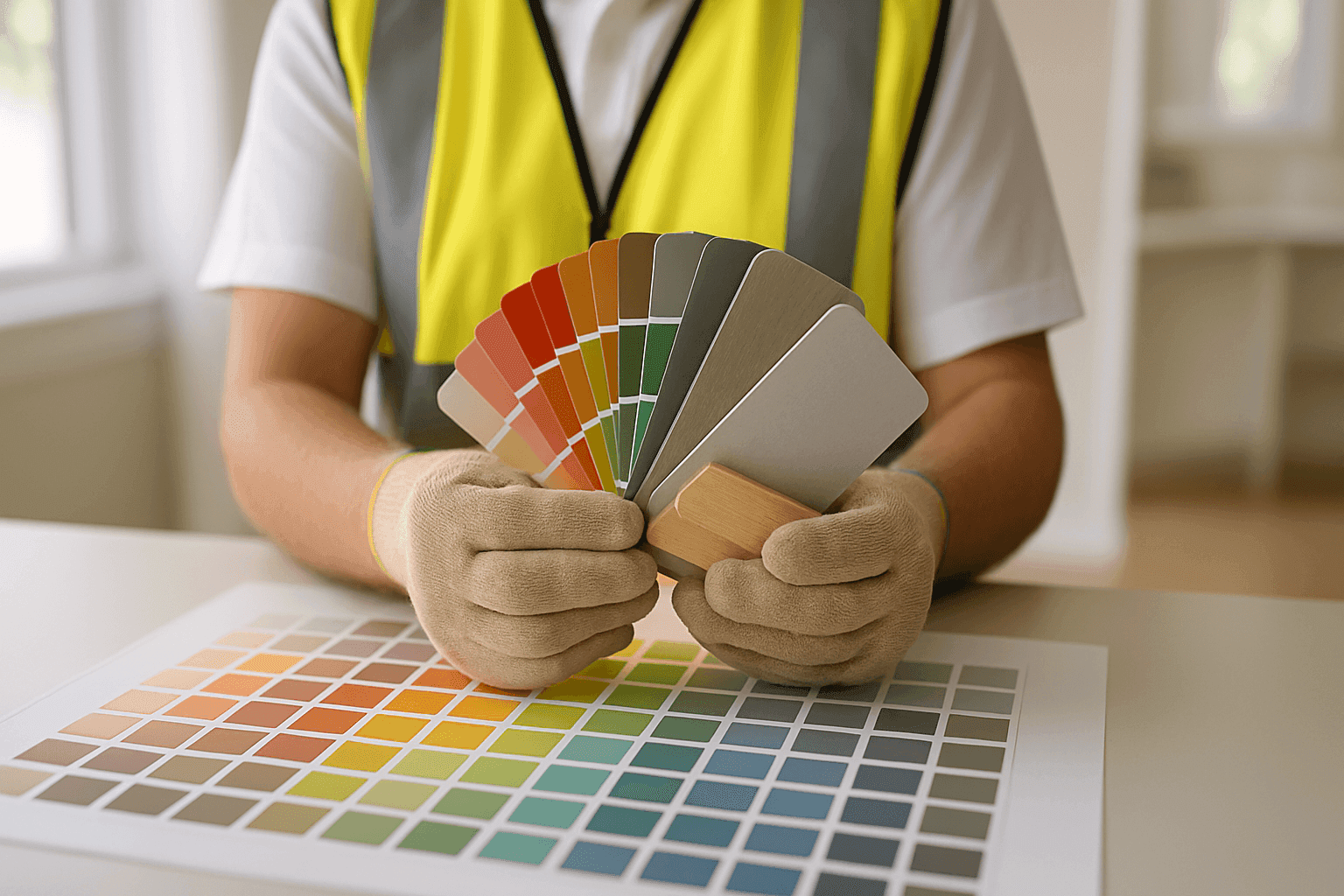 Paint consultant showing color swatches and finish samples to a homeowner in a bright, tidy room