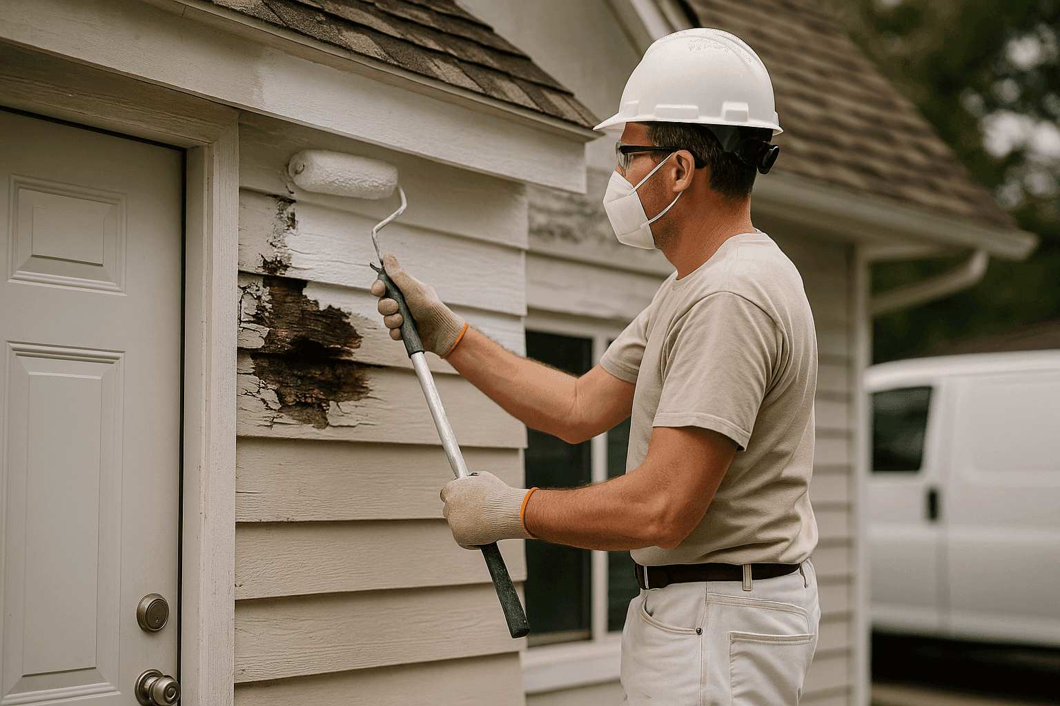 Painter applying emergency exterior paint to storm-damaged wall